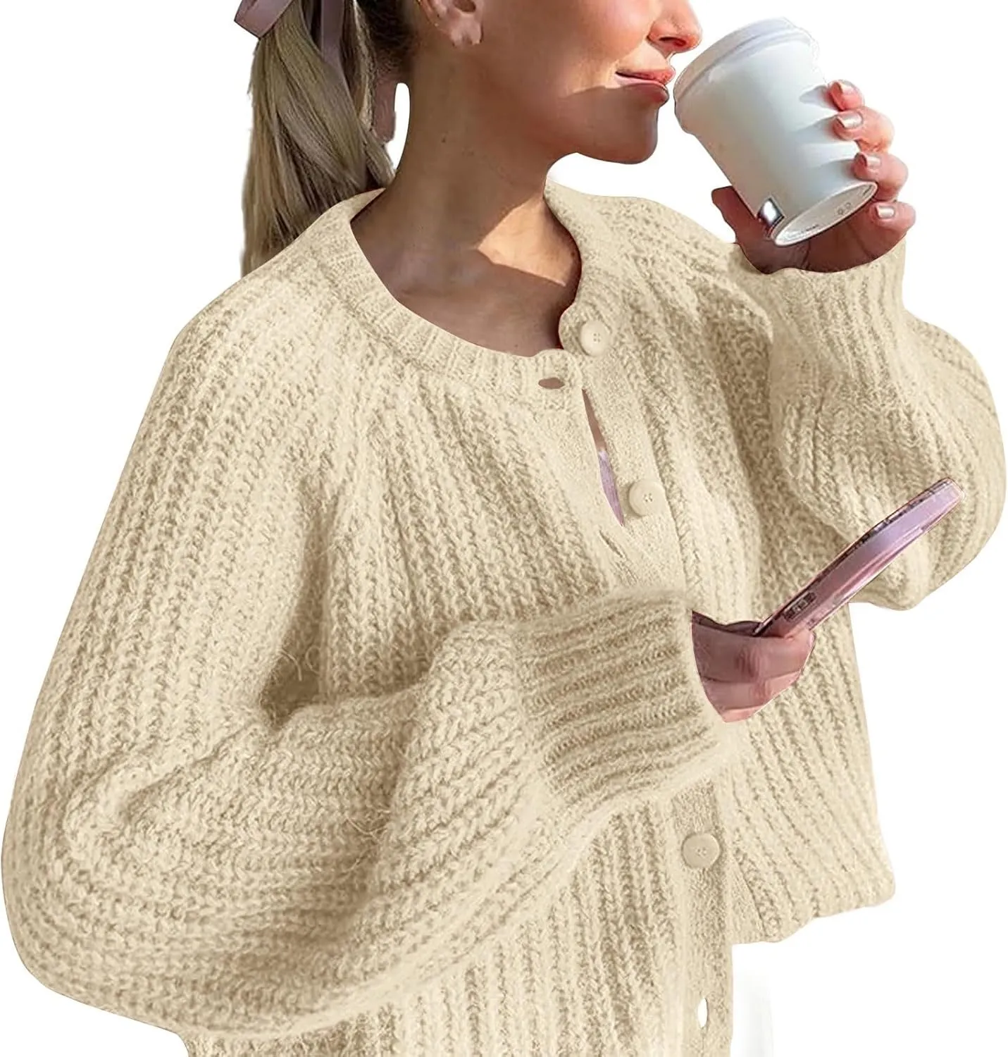 Chunky Sweaters for Women Long Lantern Sleeve Cable Knit Cardigans Sweater Button Down Slouchy Sweaters Outerwear