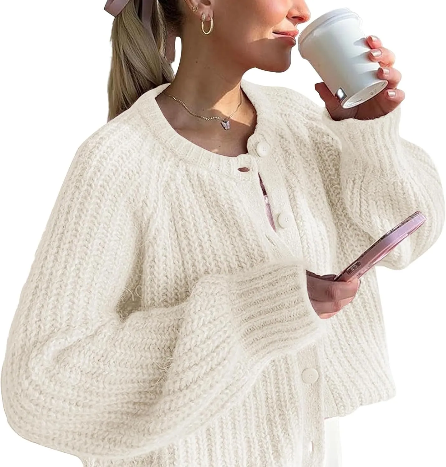 Chunky Sweaters for Women Long Lantern Sleeve Cable Knit Cardigans Sweater Button Down Slouchy Sweaters Outerwear