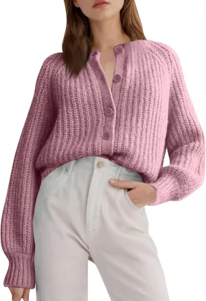 Chunky Sweaters for Women Long Lantern Sleeve Cable Knit Cardigans Sweater Button Down Slouchy Sweaters Outerwear