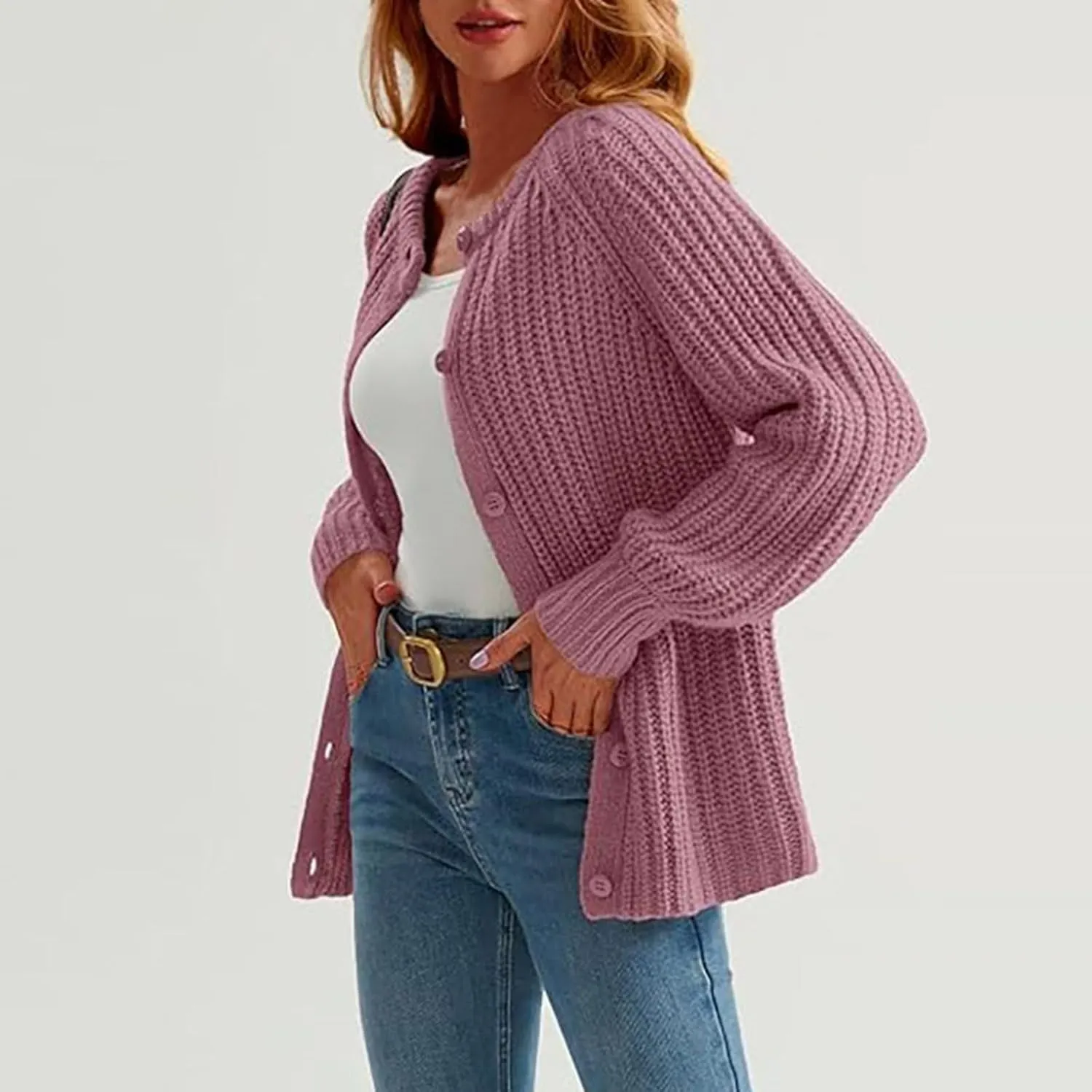 Chunky Sweaters for Women Long Lantern Sleeve Cable Knit Cardigans Sweater Button Down Slouchy Sweaters Outerwear