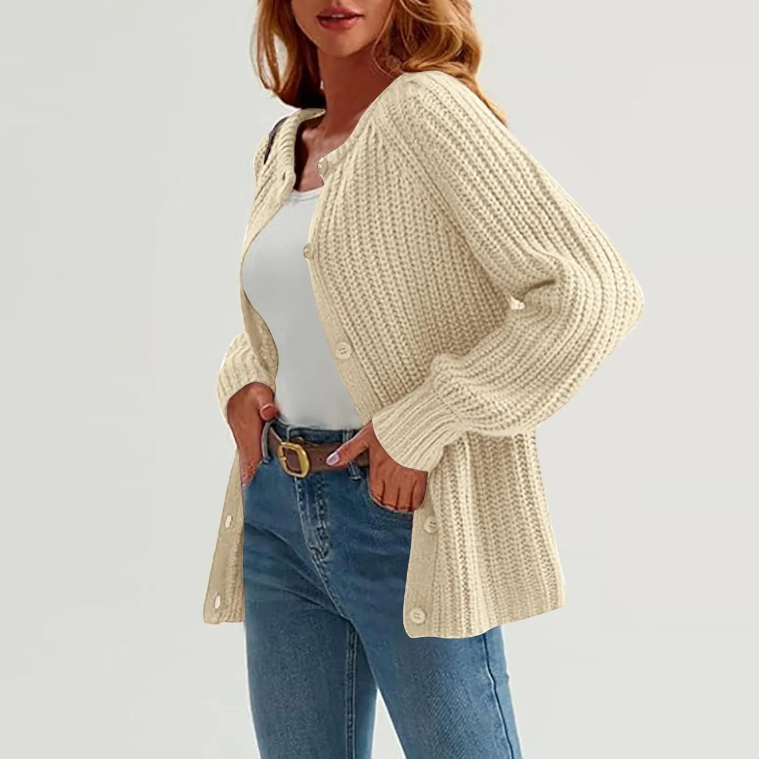 Chunky Sweaters for Women Long Lantern Sleeve Cable Knit Cardigans Sweater Button Down Slouchy Sweaters Outerwear