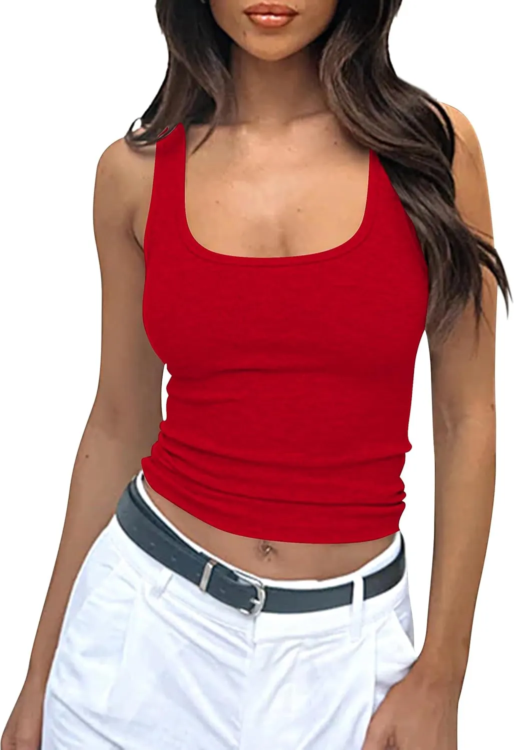 Cioatin Women Sleeveless Strappy U Scoop Neck Crop Tank Tops Y2K Ribbed Tight Fit Summer Workout Going Out Cami Shirt