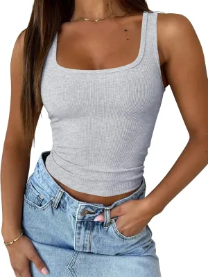 Cioatin Women Sleeveless Strappy U Scoop Neck Crop Tank Tops Y2K Ribbed Tight Fit Summer Workout Going Out Cami Shirt