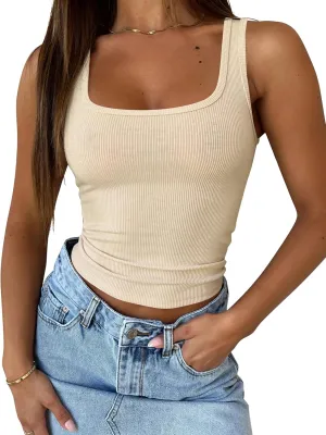 Cioatin Women Sleeveless Strappy U Scoop Neck Crop Tank Tops Y2K Ribbed Tight Fit Summer Workout Going Out Cami Shirt