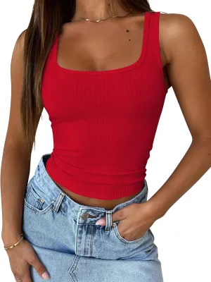 Cioatin Women Sleeveless Strappy U Scoop Neck Crop Tank Tops Y2K Ribbed Tight Fit Summer Workout Going Out Cami Shirt