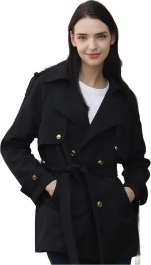 CLIPART Women's Double-Breasted Belted Trench Coat, Golden buttons,3 Colors,Spring, Fall,Trendy, Chic Casual,Water Resistant