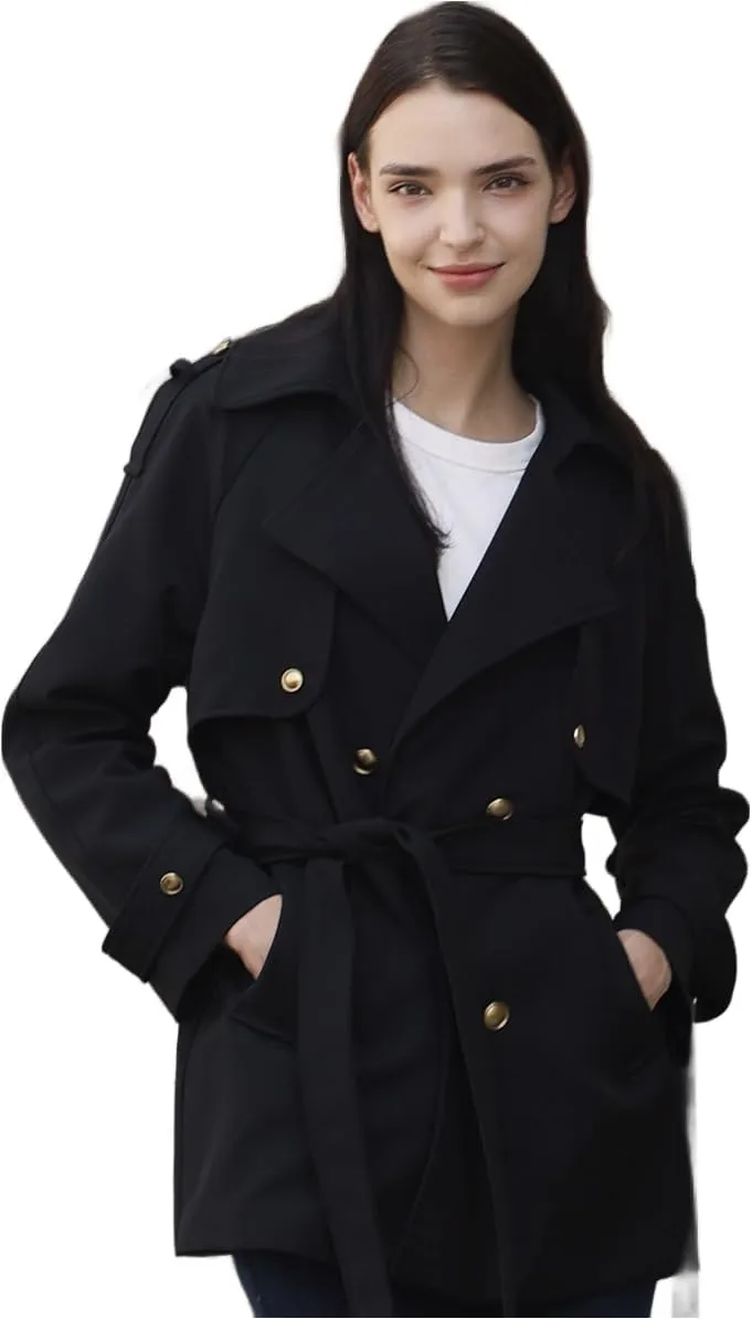 CLIPART Women's Double-Breasted Belted Trench Coat, Golden buttons,3 Colors,Spring, Fall,Trendy, Chic Casual,Water Resistant