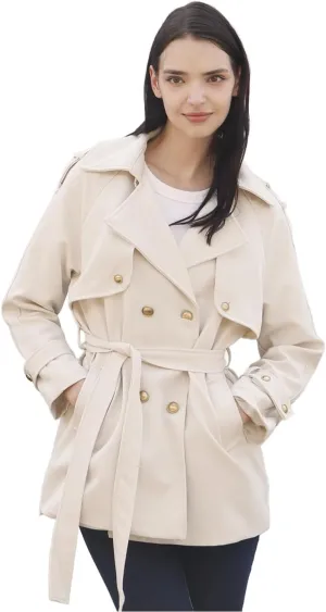 CLIPART Women's Double-Breasted Belted Trench Coat, Golden buttons,3 Colors,Spring, Fall,Trendy, Chic Casual,Water Resistant