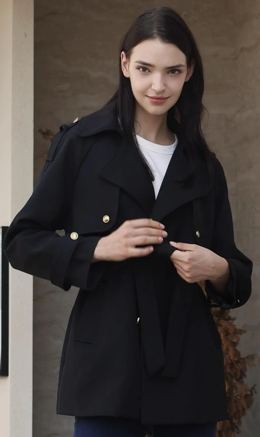 CLIPART Women's Double-Breasted Belted Trench Coat, Golden buttons,3 Colors,Spring, Fall,Trendy, Chic Casual,Water Resistant