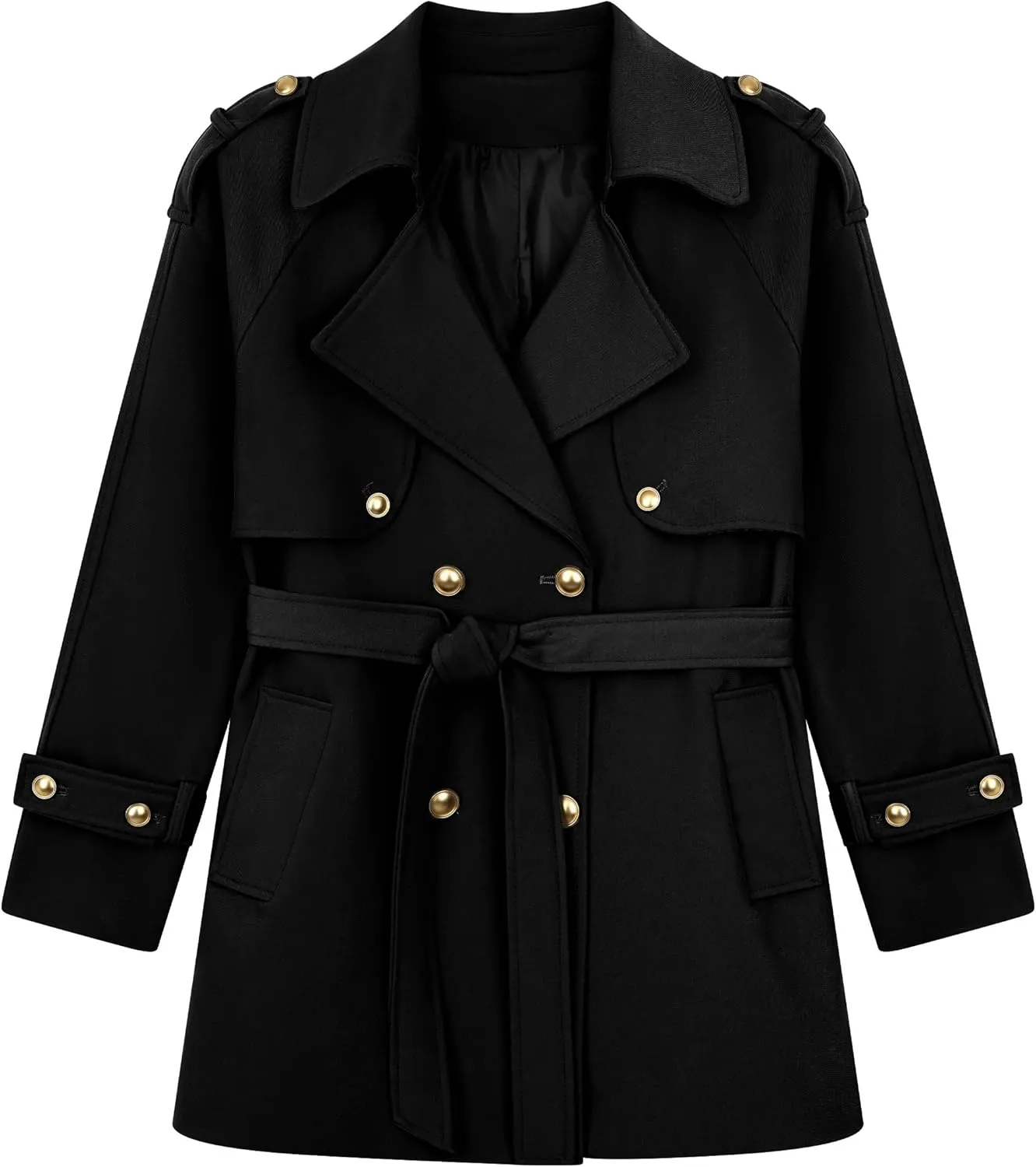 CLIPART Women's Double-Breasted Belted Trench Coat, Golden buttons,3 Colors,Spring, Fall,Trendy, Chic Casual,Water Resistant