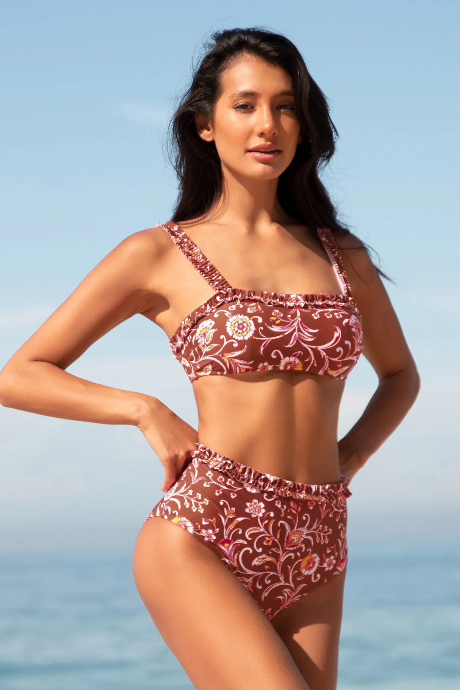 Cockcomb Flower Ruffled Strap & High Waist Bikini Set