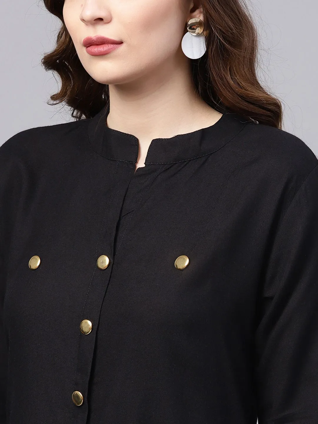 Comfy Black Rayon Solid Kurta Set with Straight Bottom and Mock Button Detailing