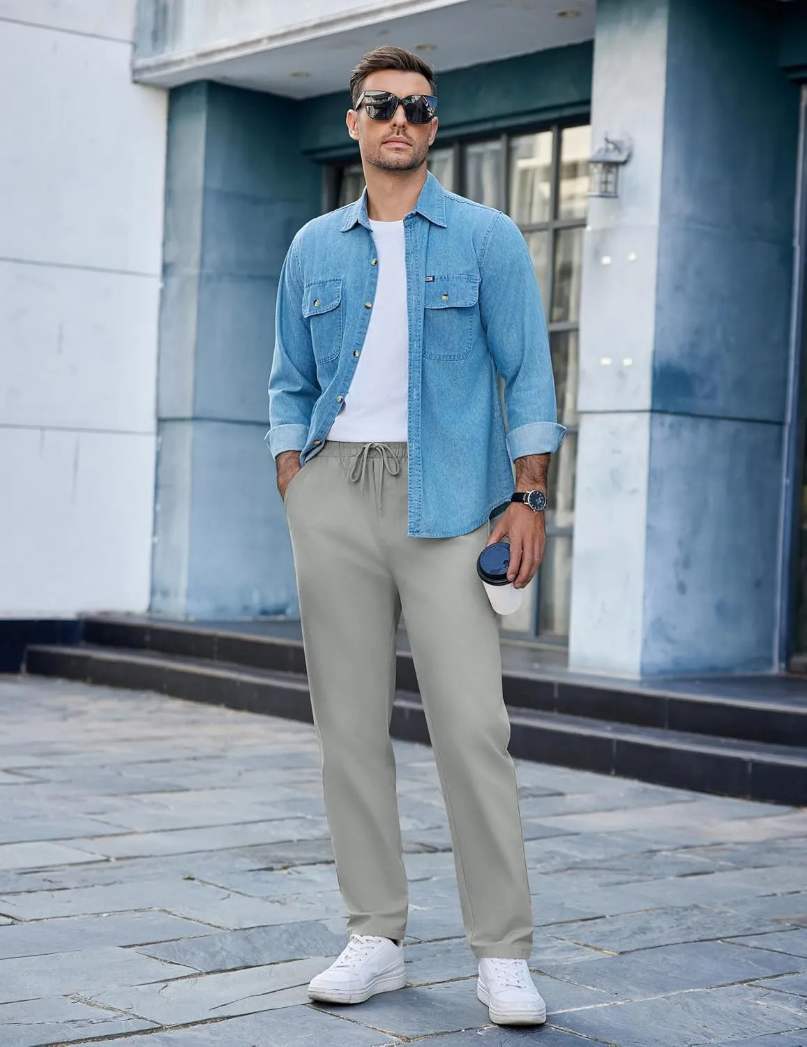 COOFANDY Men's Casual Cotton Pants Regular Fit Elastic Waist Drawstring Twill Pants Straight Leg Chino Pants