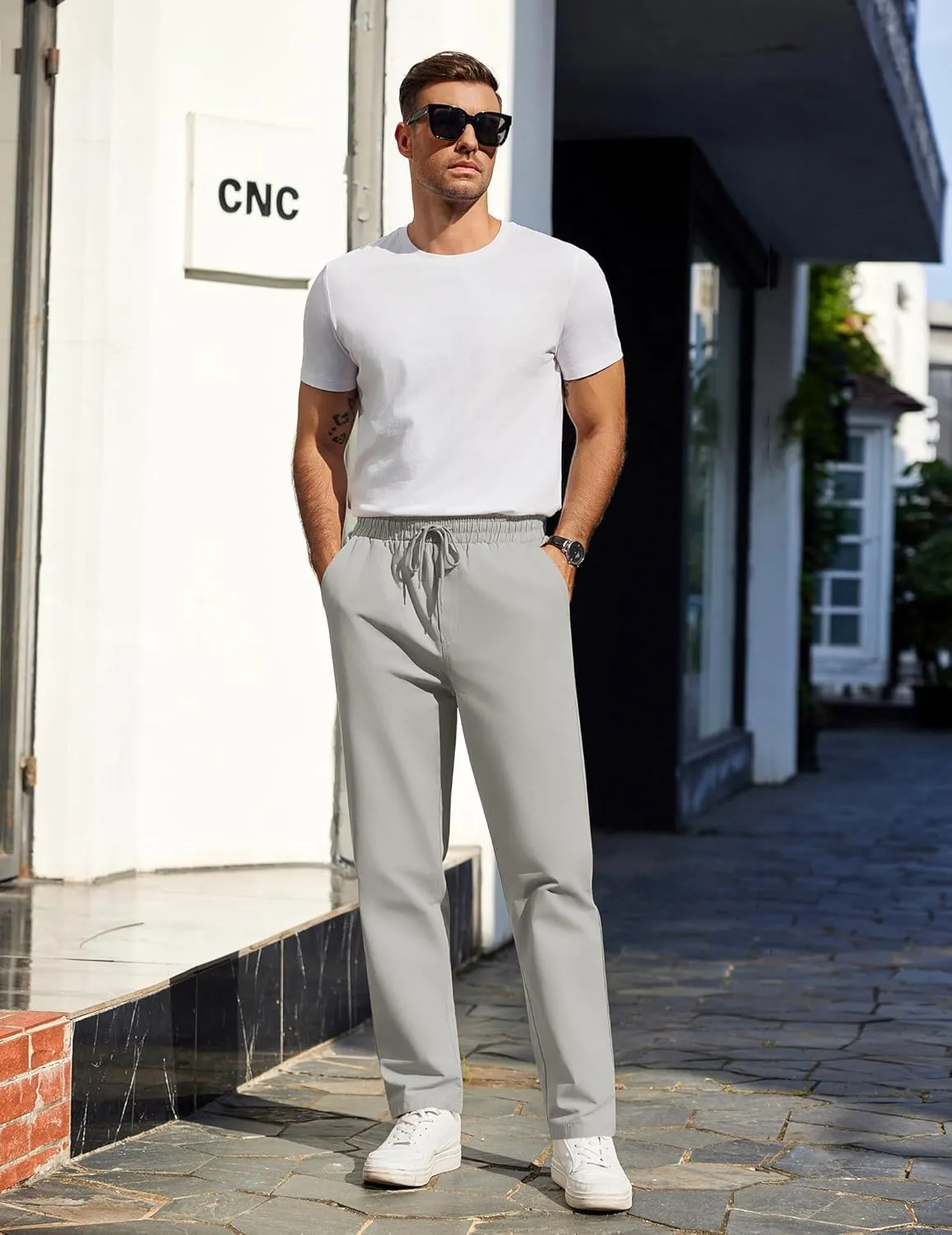 COOFANDY Men's Casual Cotton Pants Regular Fit Elastic Waist Drawstring Twill Pants Straight Leg Chino Pants