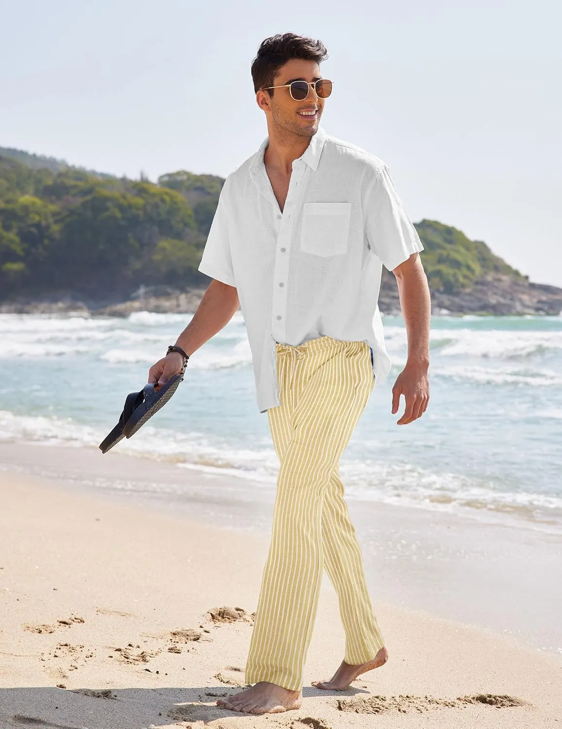 COOFANDY Men's Casual Linen Pants Elastic Waist Drawstring Yoga Beach Pants Lightweight Loose Fit Trousers with Pockets