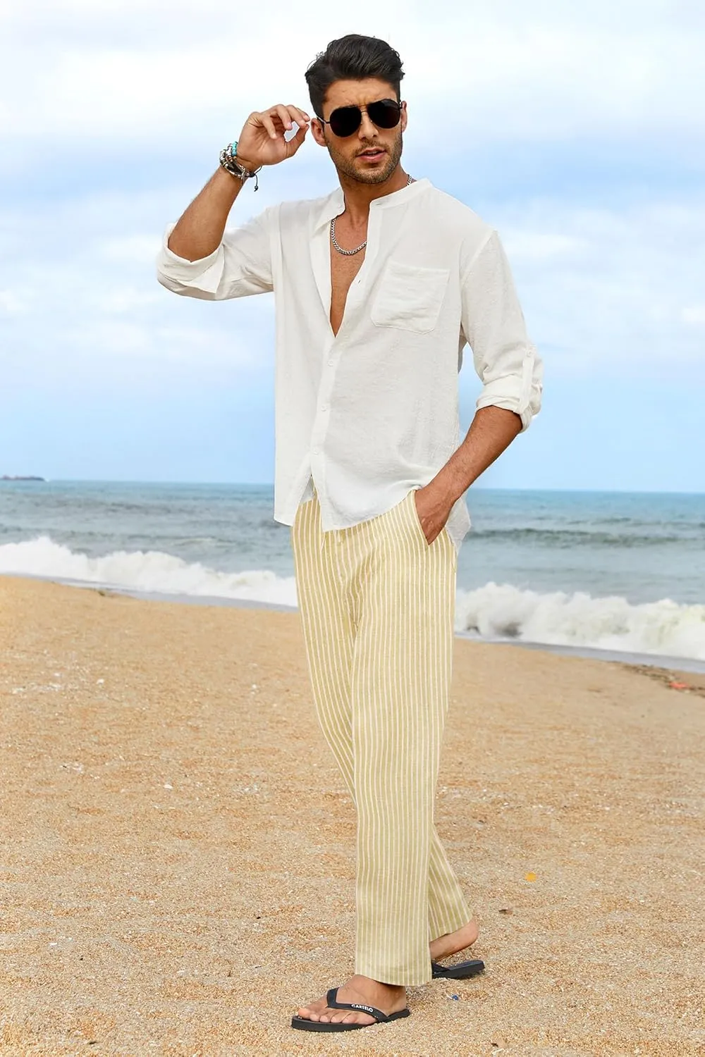 COOFANDY Men's Casual Linen Pants Elastic Waist Drawstring Yoga Beach Pants Lightweight Loose Fit Trousers with Pockets