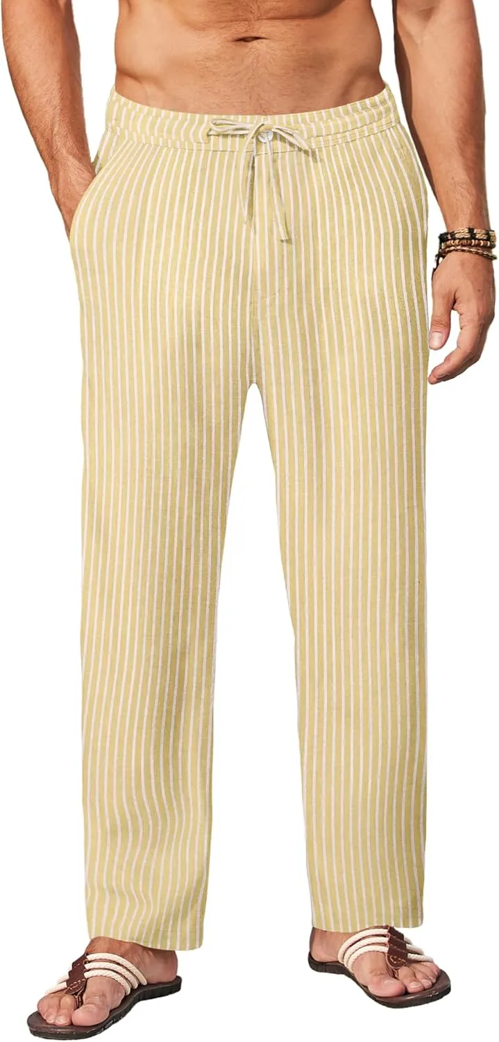 COOFANDY Men's Casual Linen Pants Elastic Waist Drawstring Yoga Beach Pants Lightweight Loose Fit Trousers with Pockets
