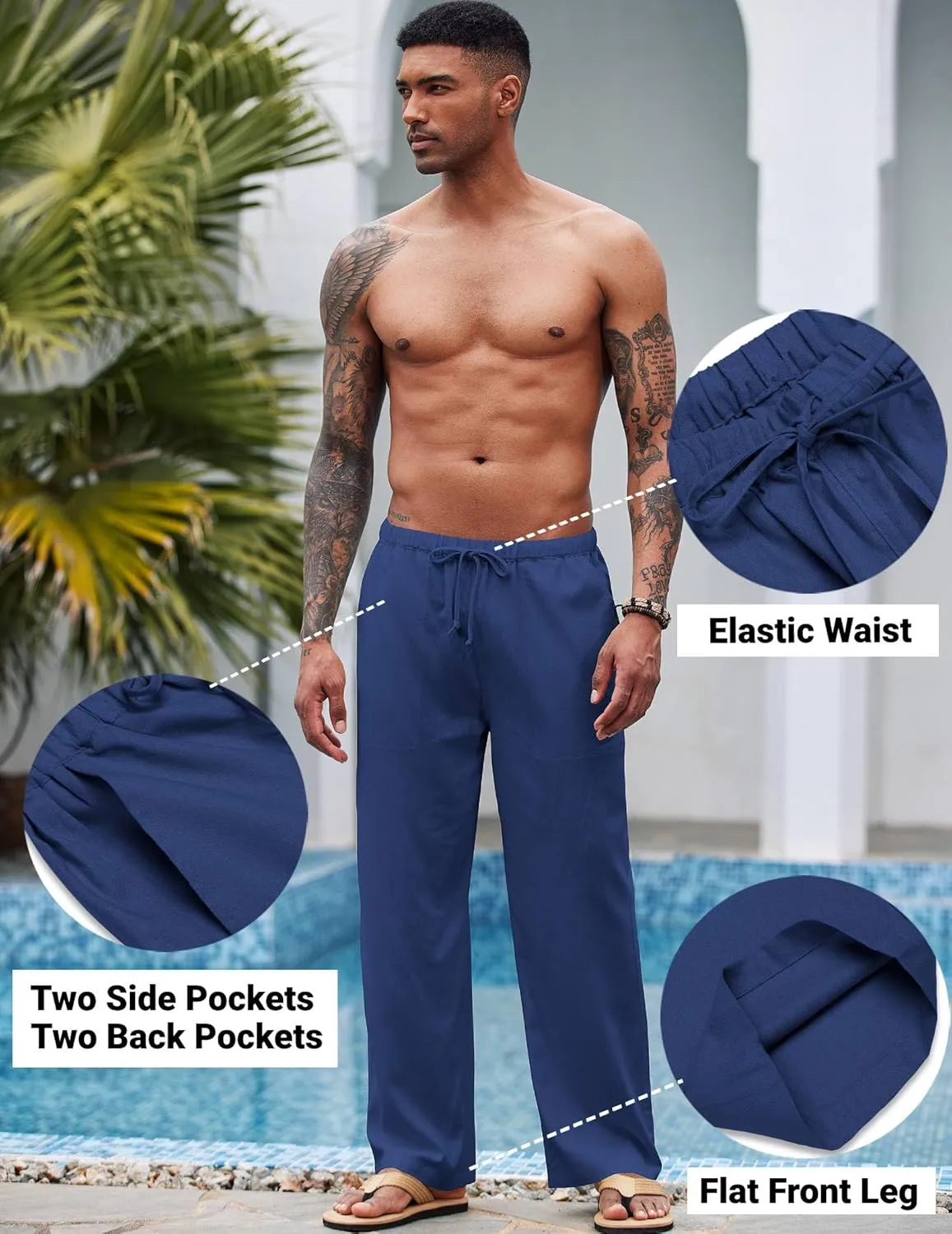 COOFANDY Mens Casual Linen Pants Elastic Waist Linen Pants Drawstring Summer Beach Yoga Linen Trouser