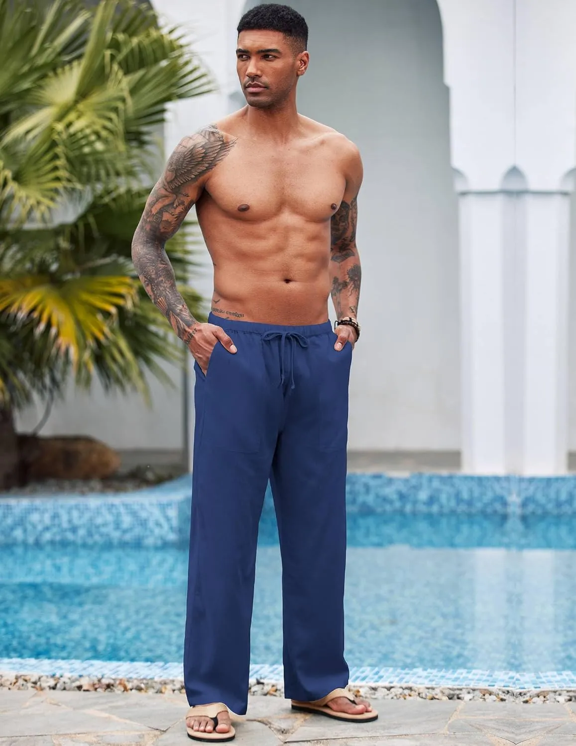 COOFANDY Mens Casual Linen Pants Elastic Waist Linen Pants Drawstring Summer Beach Yoga Linen Trouser