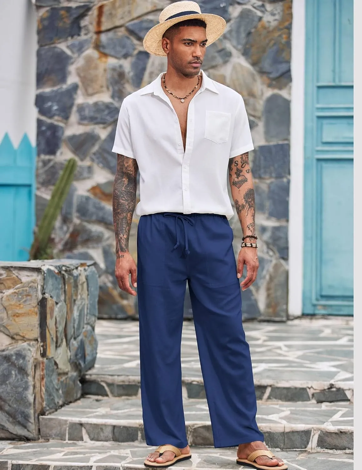 COOFANDY Mens Casual Linen Pants Elastic Waist Linen Pants Drawstring Summer Beach Yoga Linen Trouser