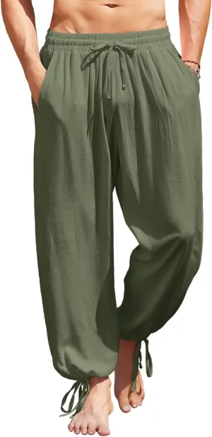 COOFANDY Men's Cotton Linen Pants Casual Harem Pants Elastic Waist Beach Boho Yoga Trousers