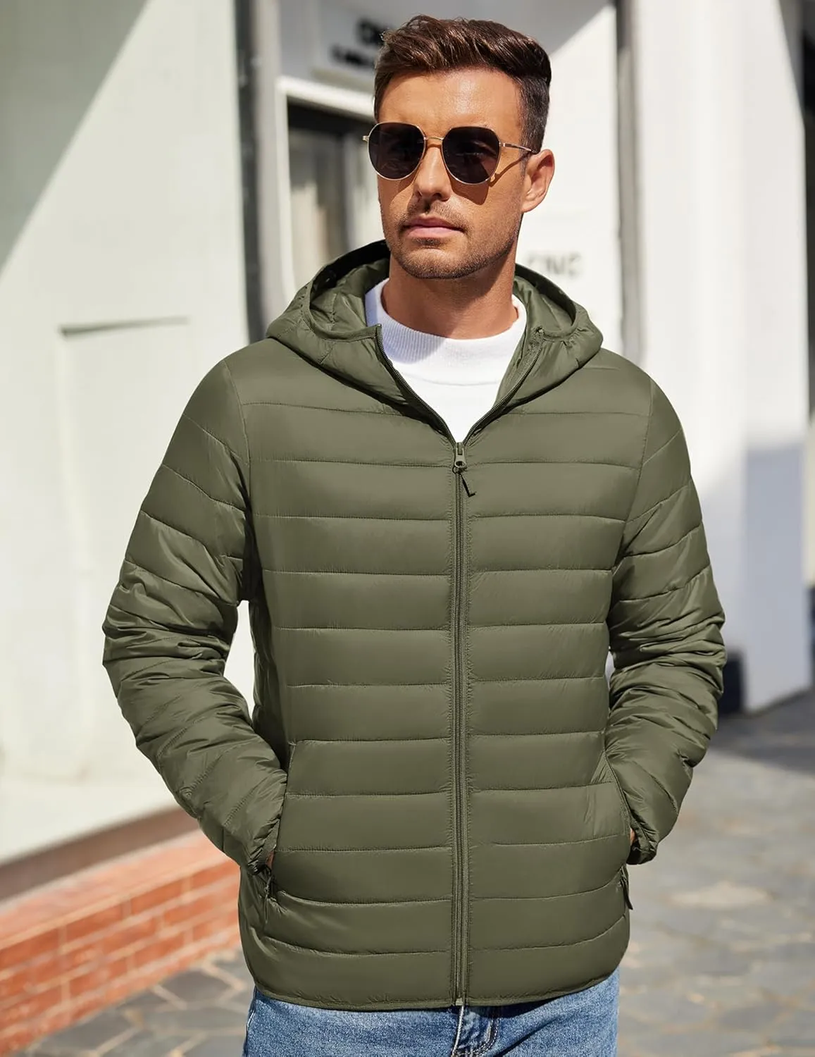 COOFANDY Mens Packable Puffer Jacket Lightweight Hooded Insulated Winter Coat Windproof Zipper Down Jacket