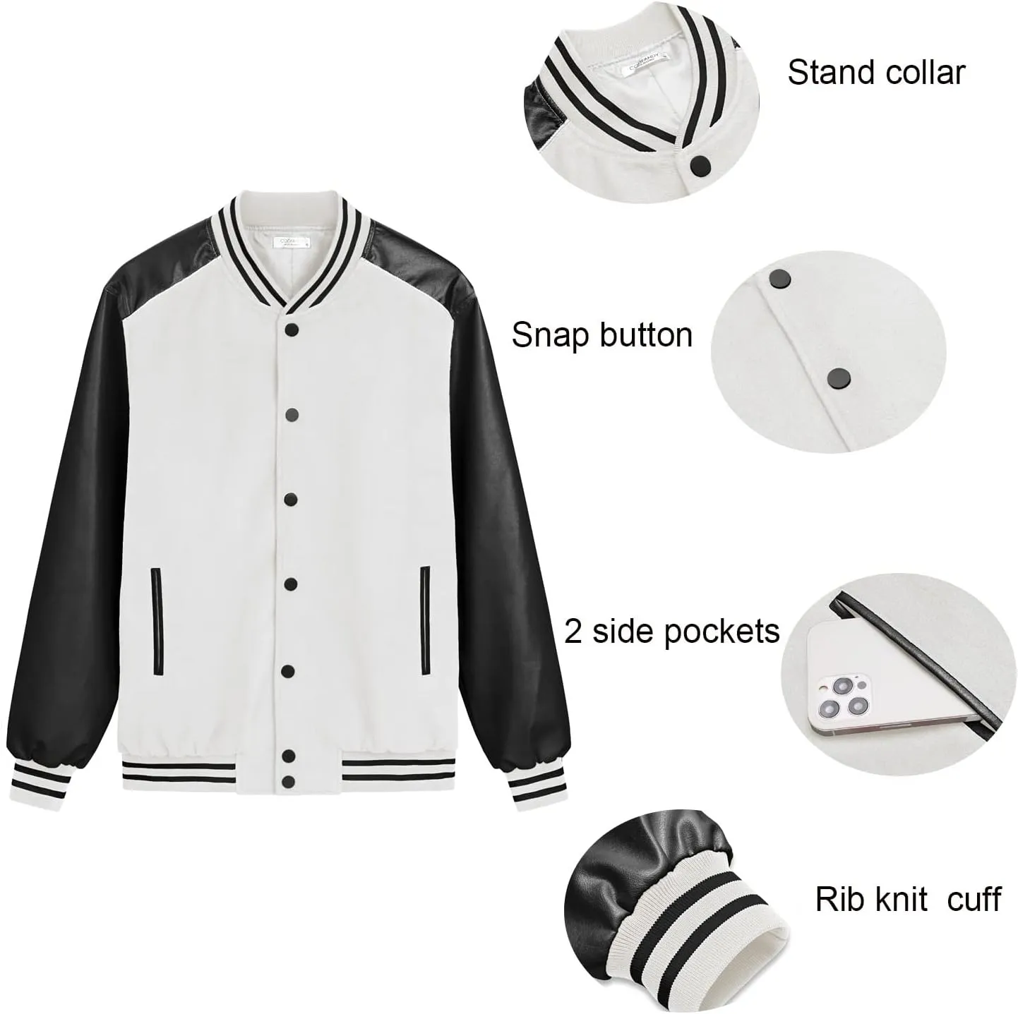 COOFANDY Mens Varsity Jacket Casual Leather Sleeve Baseball Letterman Bomber Jacket Coat