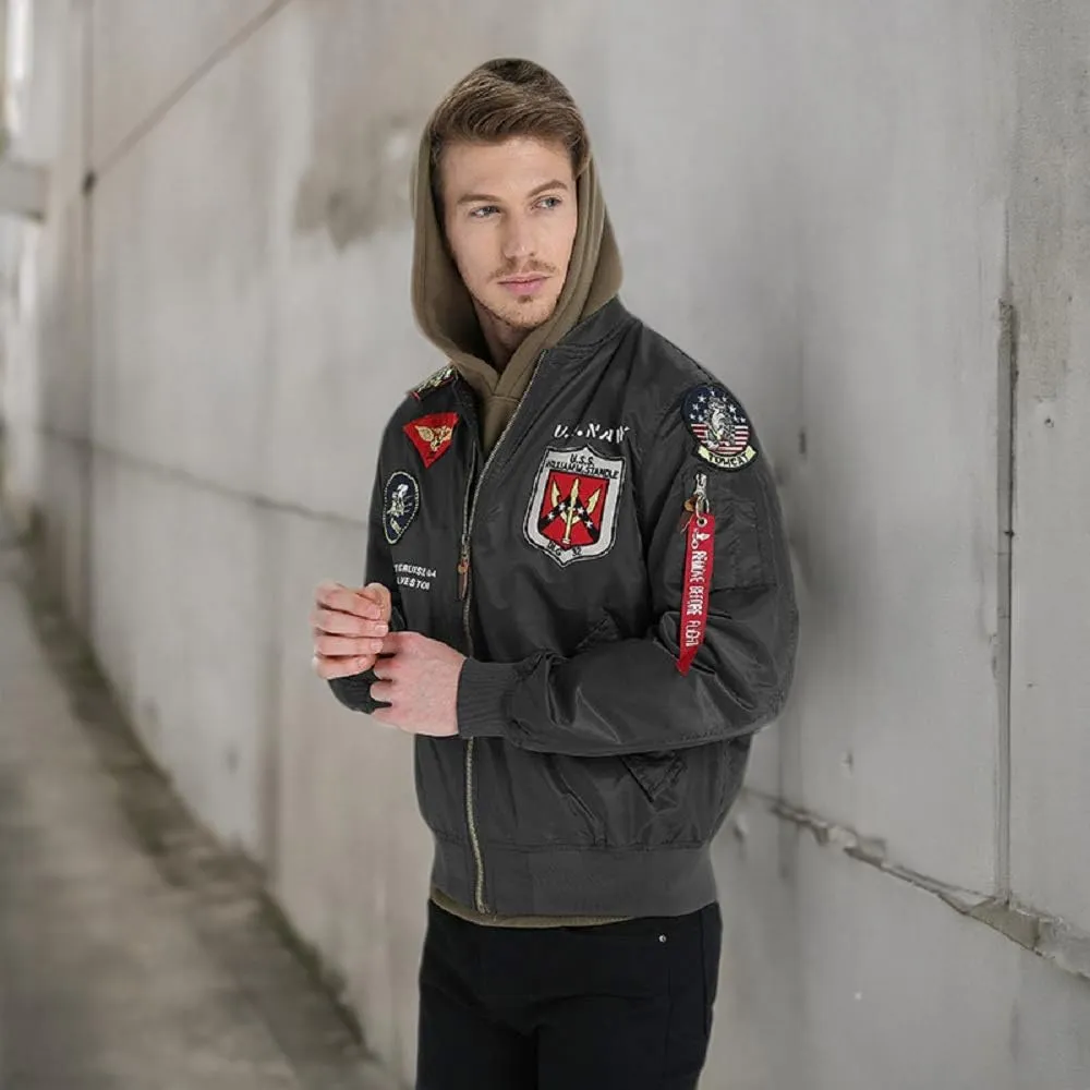 CORIRESHA Mens Outdoor Embroidered Patches Slim Fit US Navy Bomber Jackets Windbreaker