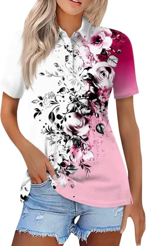 COTECRAM Womens Short Sleeve Polo T Shirts Fashion Button Lapel Collared Graphic Summer Tops Loose Business Casual Blouses