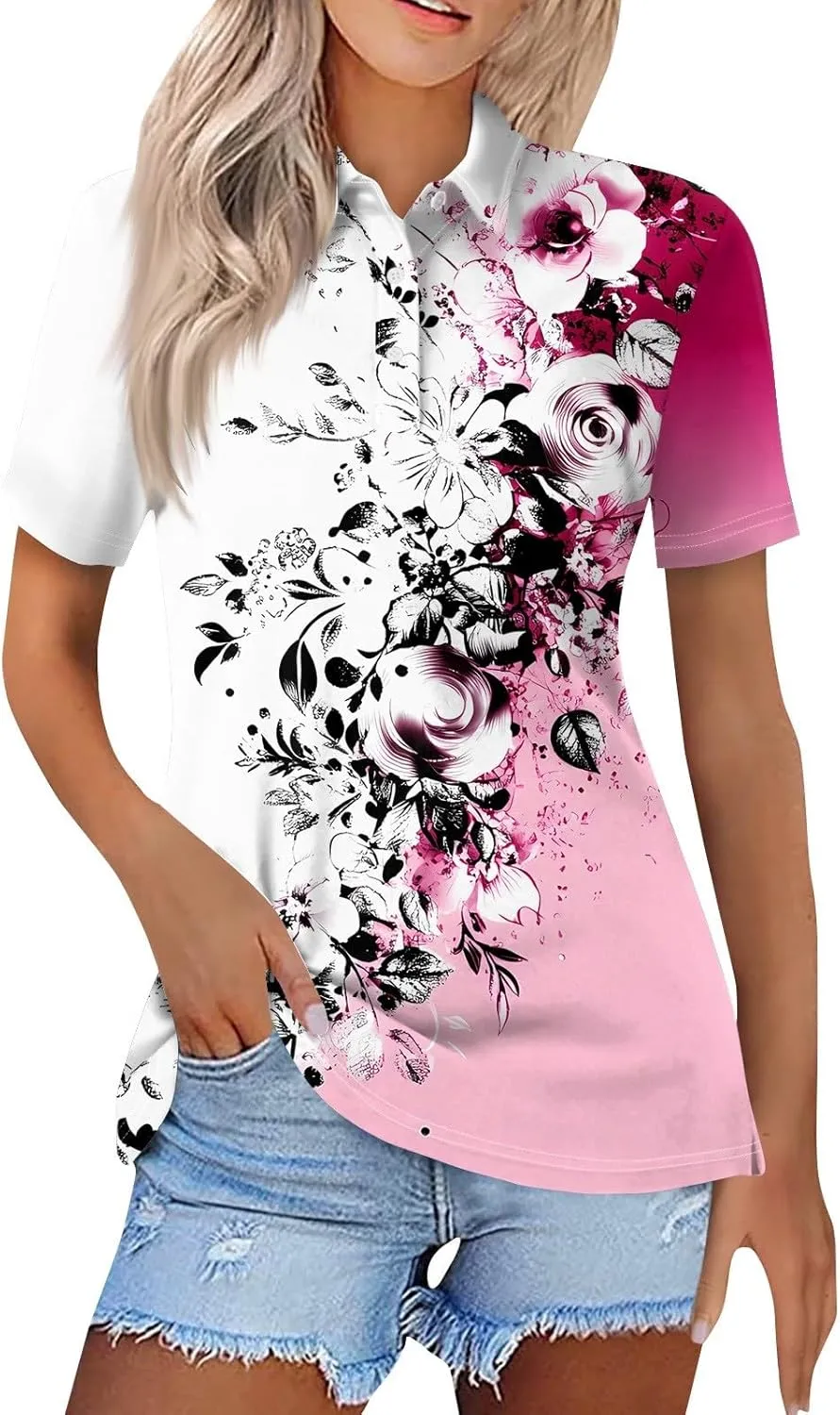 COTECRAM Womens Short Sleeve Polo T Shirts Fashion Button Lapel Collared Graphic Summer Tops Loose Business Casual Blouses