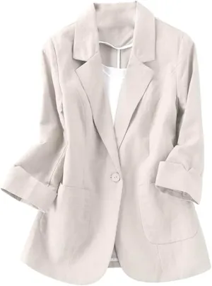 Cotton Linen Blazer for Womens Casual 3/4 Sleeve Open Front Linen Jackets