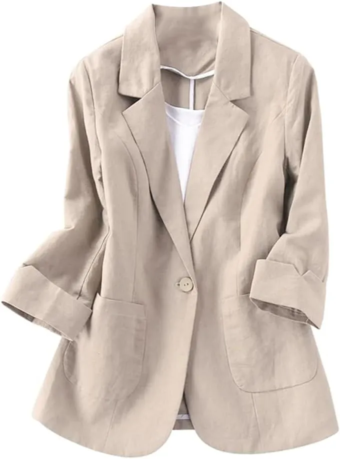 Cotton Linen Blazer for Womens Casual 3/4 Sleeve Open Front Linen Jackets