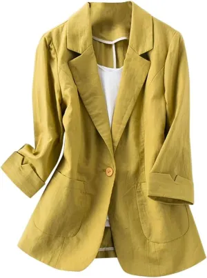 Cotton Linen Blazer for Womens Casual 3/4 Sleeve Open Front Linen Jackets