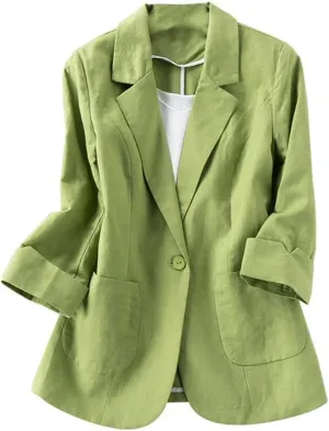 Cotton Linen Blazer for Womens Casual 3/4 Sleeve Open Front Linen Jackets
