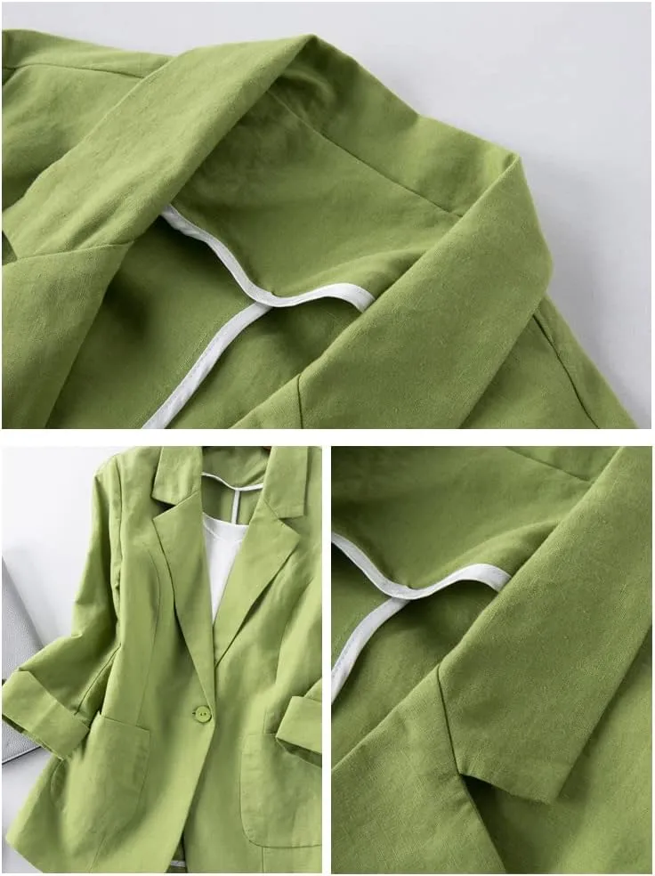 Cotton Linen Blazer for Womens Casual 3/4 Sleeve Open Front Linen Jackets