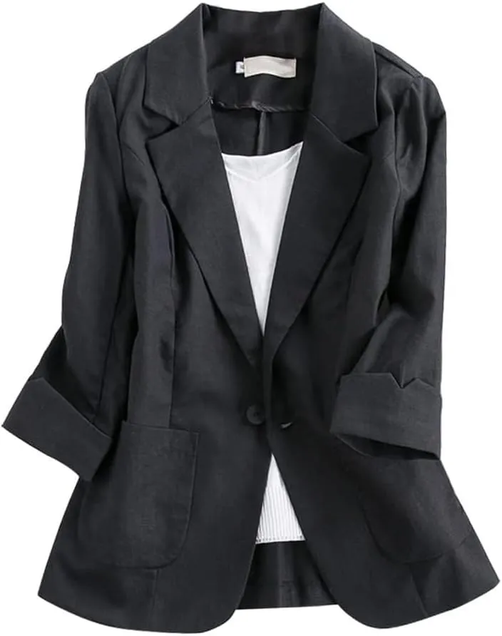 Cotton Linen Blazer for Womens Casual 3/4 Sleeve Open Front Linen Jackets