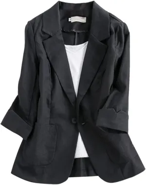 Cotton Linen Blazer for Womens Casual 3/4 Sleeve Open Front Linen Jackets