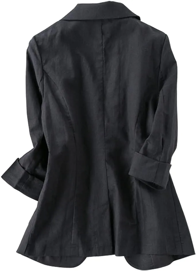 Cotton Linen Blazer for Womens Casual 3/4 Sleeve Open Front Linen Jackets