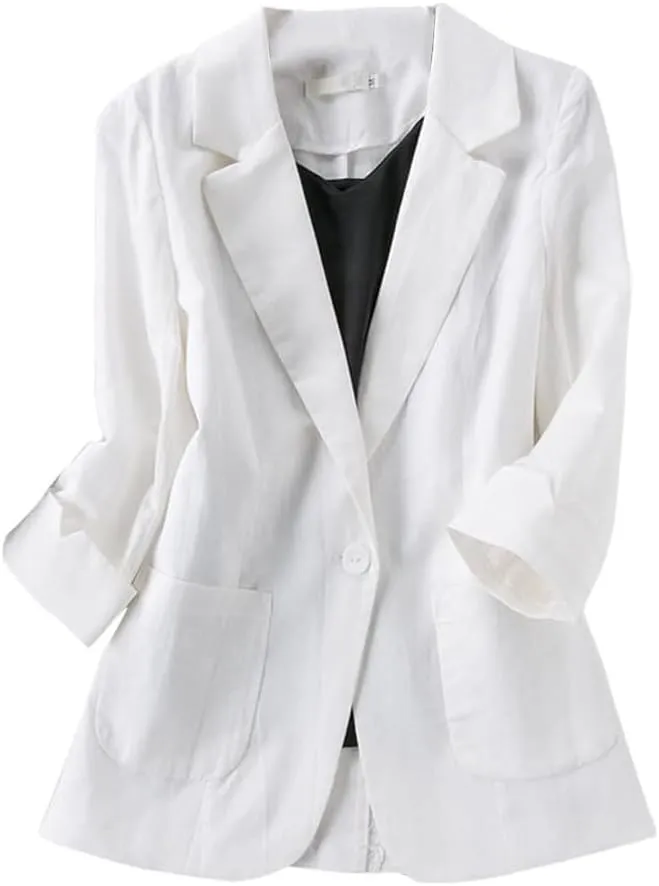 Cotton Linen Blazer for Womens Casual 3/4 Sleeve Open Front Linen Jackets