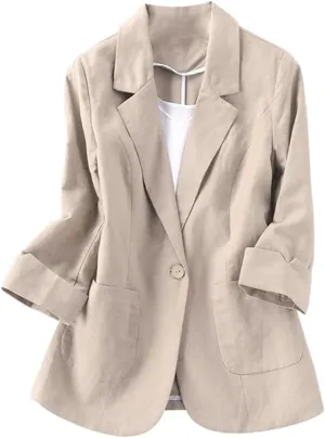 Cotton Linen Blazer for Womens Casual 3/4 Sleeve Open Front Linen Jackets