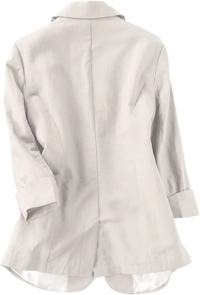 Cotton Linen Blazer for Womens Casual 3/4 Sleeve Open Front Linen Jackets