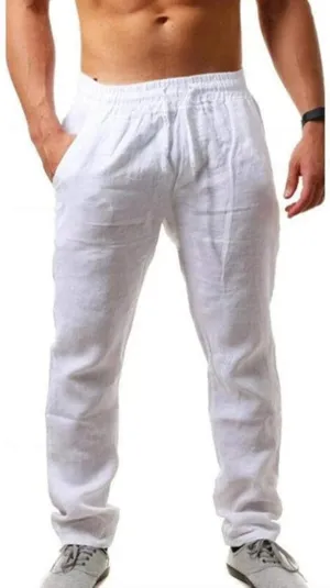 Cotton Linen Pants for Men Summer Casual Elastic Waist Drawstring Lightweight Baggy Joggers Beach Trousers