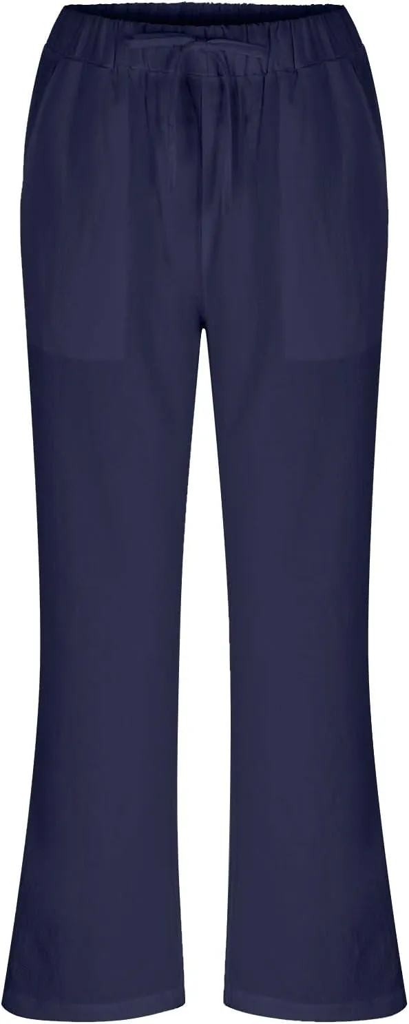 Cotton Linen Pants for Women 2025 Summer Elastic Waist Cropped Wide Leg Trouser Loose Casual Palazzo Pants Pockets