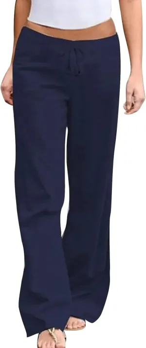 Cotton Linen Pants for Women 2025 Summer Elastic Waist Cropped Wide Leg Trouser Loose Casual Palazzo Pants Pockets