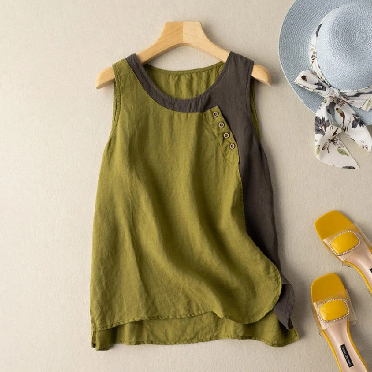 Cotton Linen Tank Tops for Women Loose Fit Sleeveless Button Tee Shirts Summer Casual Flowy Blouses Gauze Tunic Tops