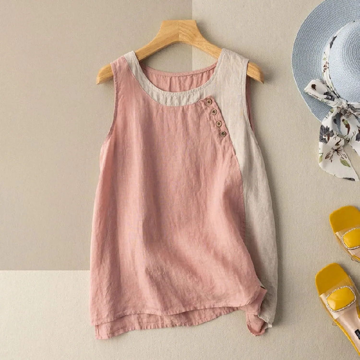 Cotton Linen Tank Tops for Women Loose Fit Sleeveless Button Tee Shirts Summer Casual Flowy Blouses Gauze Tunic Tops