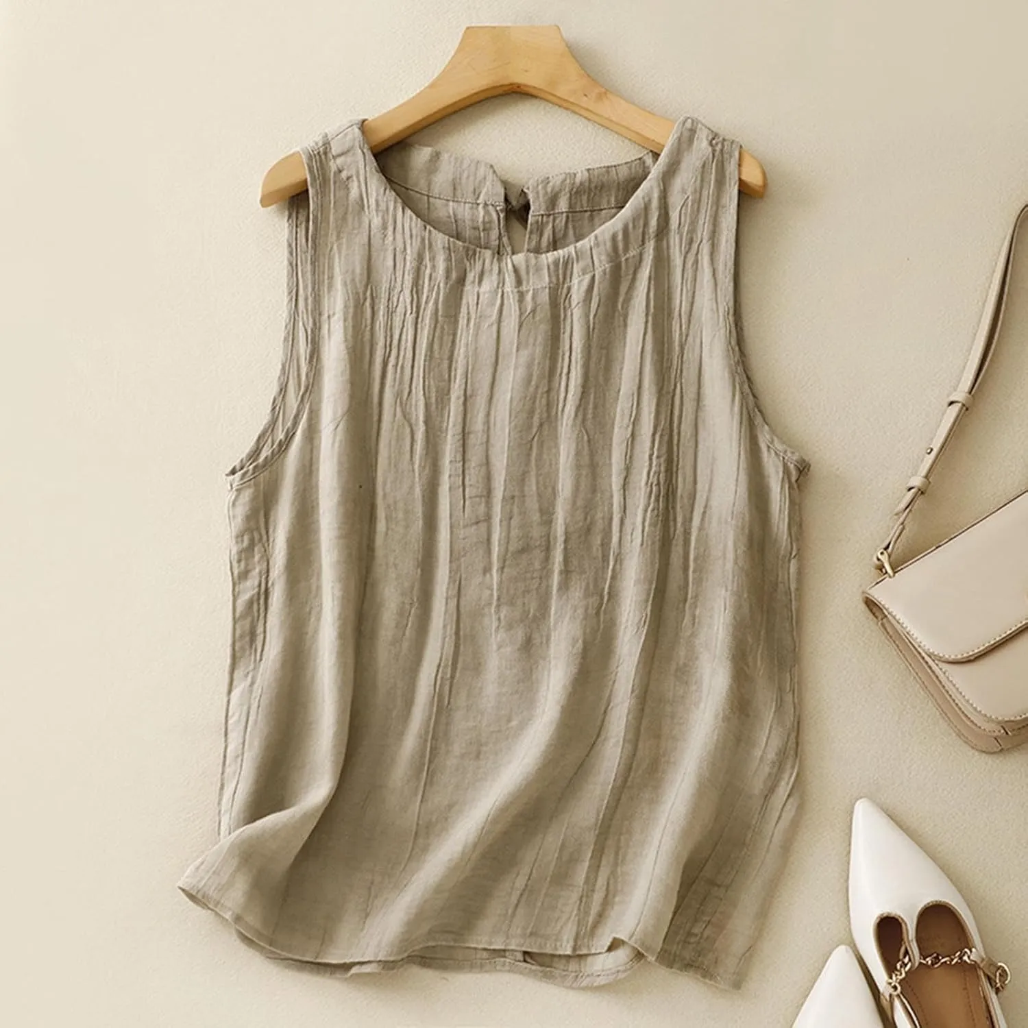 Cotton Linen Tank Tops for Women Loose Fit Sleeveless Button Tee Shirts Summer Casual Flowy Blouses Gauze Tunic Tops