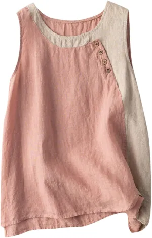 Cotton Linen Tank Tops for Women Loose Fit Sleeveless Button Tee Shirts Summer Casual Flowy Blouses Gauze Tunic Tops