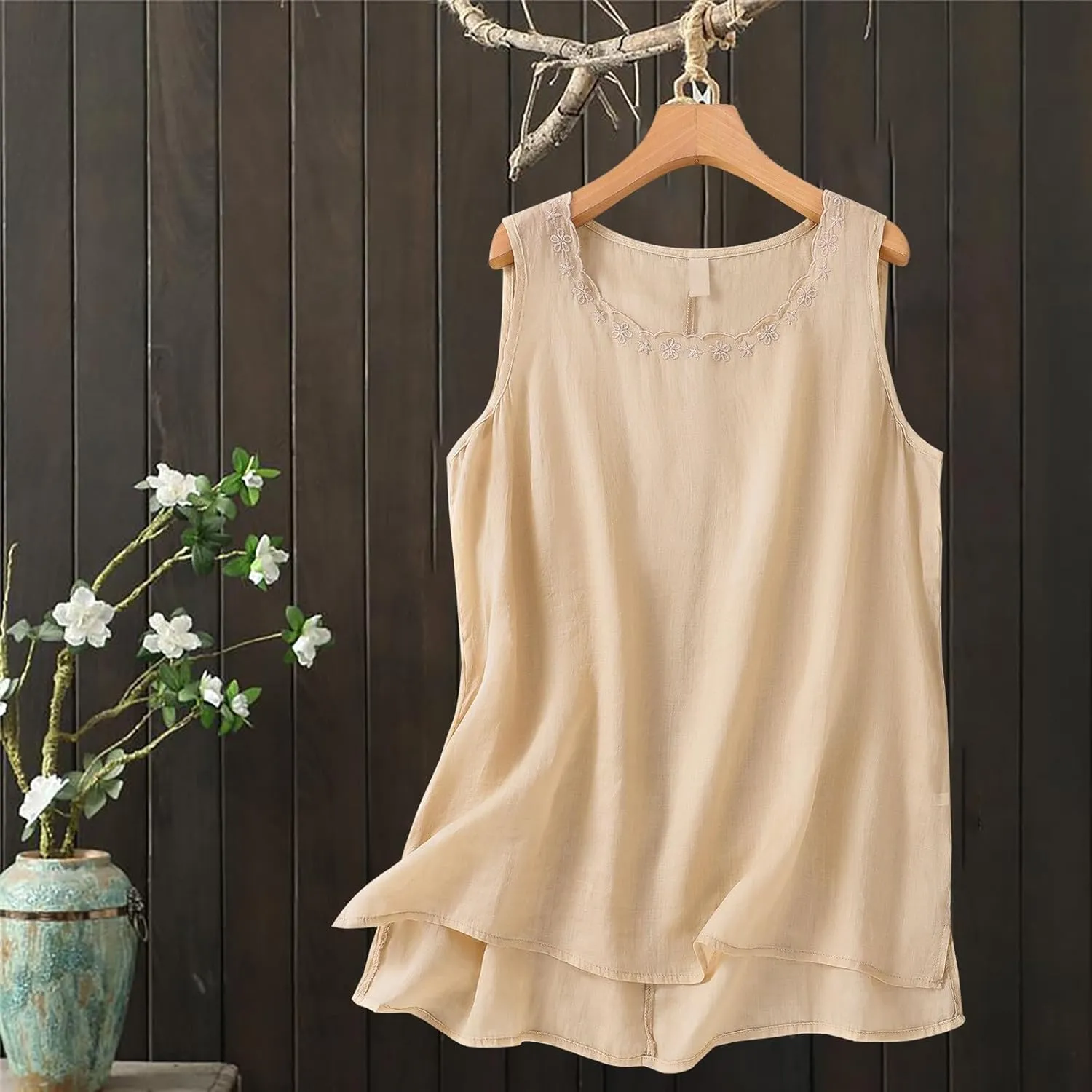 Cotton Linen Tank Tops for Women Loose Fit Sleeveless Button Tee Shirts Summer Casual Flowy Blouses Gauze Tunic Tops