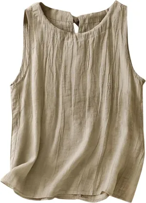 Cotton Linen Tank Tops for Women Loose Fit Sleeveless Button Tee Shirts Summer Casual Flowy Blouses Gauze Tunic Tops